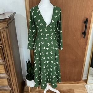 Collectif Vintage London Wrap Dress Green Floral Midi XXS UK 6 Cottage Packable